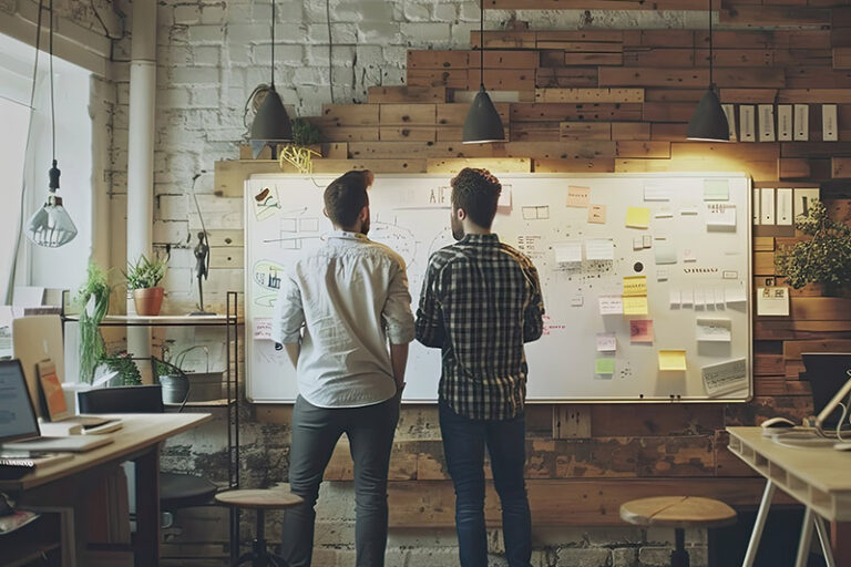 Startup founders brainstorming and collaborating in a casual warm toned workspace with a whiteboard filled with ideas showcasing an optimistic tone for innovation and entrepreneurship
