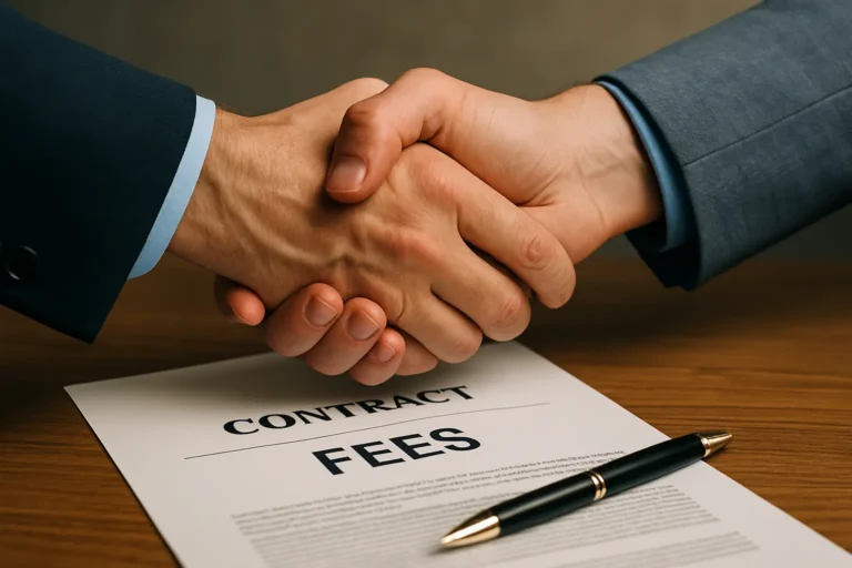 Two people shaking hands over a financial contract labeled 'Fees,' symbolizing transparency and negotiation in advisor compensation.